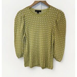 Ann Taylor Womens Top Sweater S Green White Checkerboard Puff Sleeve